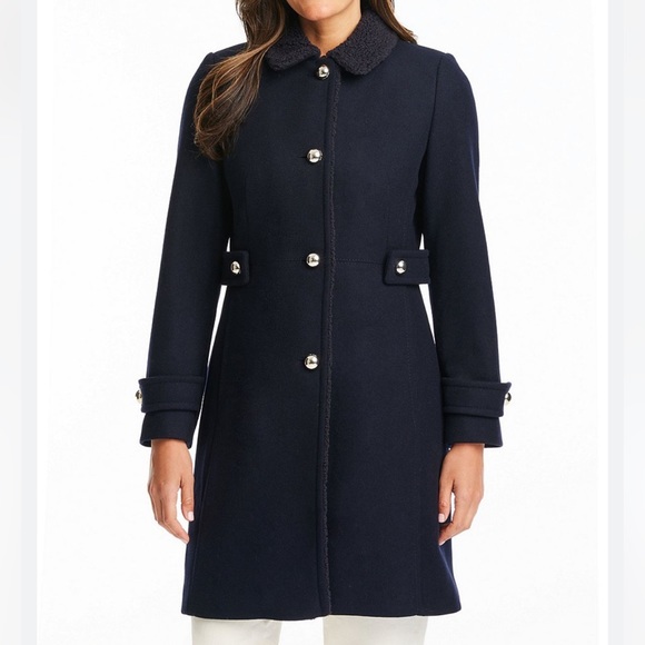 kate spade Wool Blend Coat with Faux Shearling Collar and Trim - Picture 1 of 17
